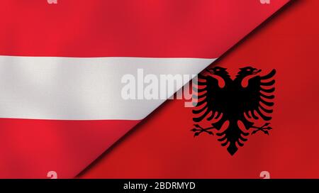 Zwei Staatsflaggen von Österreich und Albanien. Qualitativ hochwertiger Hintergrund. 3d-Darstellung Stockfoto