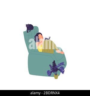 Mädchen liest ein Buch, das in einem Stuhl sitzt. Isoliert auf weißem Hintergrund. Vektorgrafiken mit flachem Stil Stock Vektor