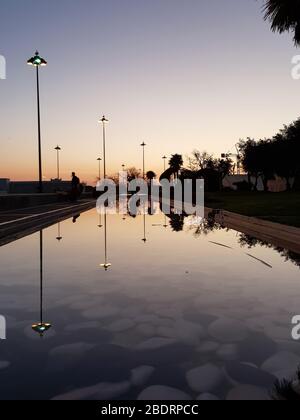 Reflexionen im Wasser bei Dämmerung. Olive Tree Garden in CCB - Belem Cultural Center Stockfoto