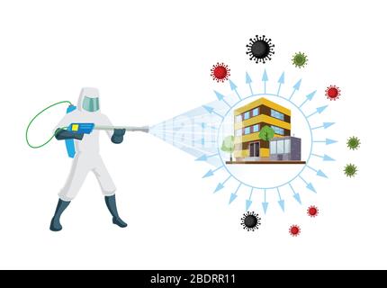 Desinfektions- und Desinfektionsmittel ein Büro für Kovid-19-Virus-Corona-Virus und Insekten. Menschlicher Korrektor der Schädlingsbekämpfung in Büros und zu Hause. Desinfizieren Stock Vektor