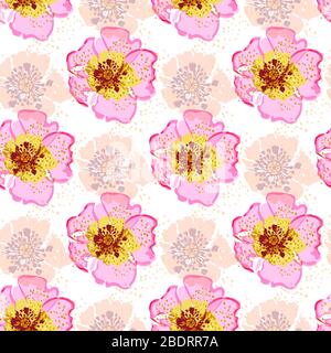 Farbenfrohes, florales Muster mit handgezogenen Hundeblüten auf weißem Hintergrund. Vektorgrafiken. Stock Vektor