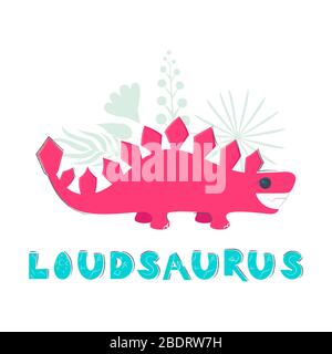 Süßer Dinosaurier-Farbton mit handgezeichneter Vektorfigur. Dino flaches handgezeichnetes Clipart. Skizze jurassic Reptil mit Name des Dino-Schriftzeichens. Brachiosaurus Stock Vektor