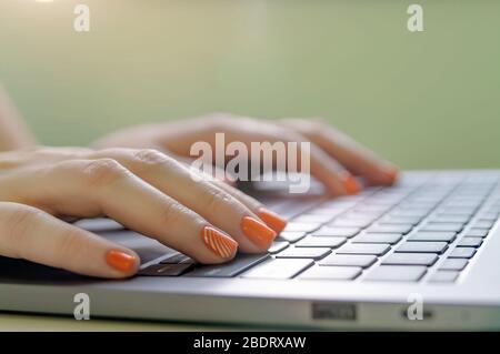 Nahaufnahme der Hände einer Frau, die auf einem Laptop tippen. Stockfoto