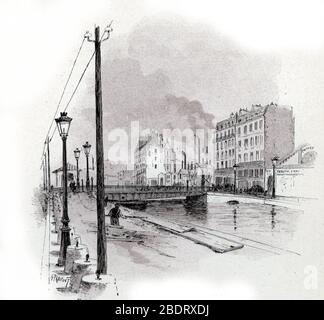 "Vue du pont tournant du quai de Valmy sur le Canal Saint Martin, Paris" (Blick auf die schwingende Brücke von Quai de Valmy auf dem Kanal Saint-Martin, Pari Stockfoto