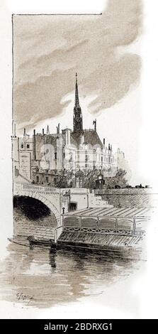 "Vue de la Sainte Chapelle depuis le pont Saint Michel, Paris" (Blick auf die Sainte-Chapelle von der Brücke St Michel, Paris) Dessin de Gustave Fraipont ( Stockfoto