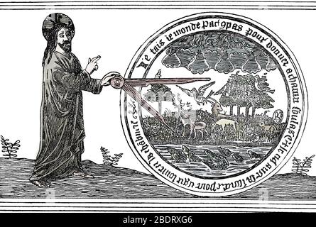 Representation de dieu Grand architecte du monde, un compas a la main - Gravure d'apres une miniature du 'Tresor' de Brunetto Latini (1220-1294), man Stockfoto