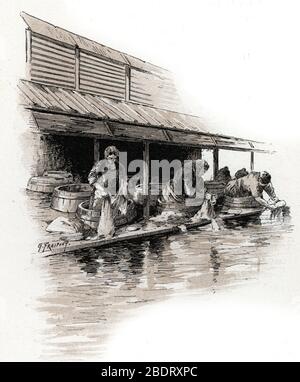 "un coin de lavoir au quai de Valmy sur le Canal Saint Martin a Paris" (Wespenfrauen auf dem Quai de Valmy, Kanal Saint-Martin Banks, paris) Dessin de G. Stockfoto