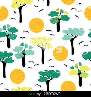 Afrikanische Savannenbäume nahtloses Vektormuster. Wiederkehrende Natur Landschaft Hintergrund Bäume, Sonnenuntergang, wilde Vögel auf weißer Kulisse. Wilde afrikanische Natur Stock Vektor