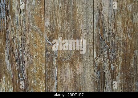 Textur der alten Bodenplatte. Hintergrund braun und grau mit weiß. Holz mit Knoten. Stockfoto
