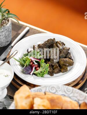 aserbaidschanische Traubenblätter dolma serviert mit Granatapfelzwiebeln und Kräutersalat Stockfoto