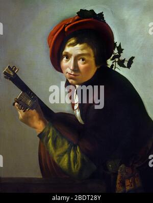 Junger Mann spielt einen Therbo 1642-1645 Jan Gerritsz van Bronchorst, oder Bronkhorst 1603-1661, Niederländisch, Niederlande. Stockfoto