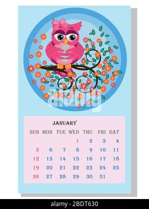 Kalender 2021. Niedlicher Kalender mit lustigen Cartoon-Eulen Stock Vektor