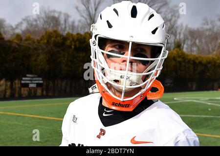 Princeton, New Jersey, USA. Februar 2020. Princeton Tigers-Attachman Michael Sowers #22 nach einem NCAA MenÕs Lacrosse-Spiel gegen die Johns Hopkins Blue Jays in der Class of 1952 Stadium am 29. Februar 2020 in Princeton, New Jersey. Princeton besiegte Johns Hopkins mit 18:11. Rich Barnes/CSM/Alamy Live News Stockfoto