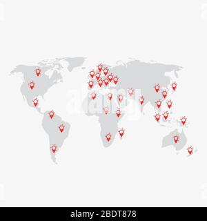 Karte der Welt mit Punkten der Lage Coronavirus COVID-19 . Virusbakterien Coronavirus nCoV, SARS-COV-2 Stock Vektor