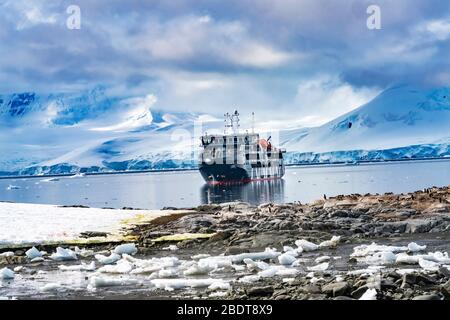 Kreuzfahrtschiff Snow Mountains Blue Glaciers Damoy Point Antarktische Halbinsel Antarktis. Gletschereis blau, weil Luft aus Schnee gedrückt wurde. Stockfoto