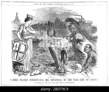 VATER THAMES STELLT SEINE NACHKOMMEN IN DIE MESSESTADT LONDON VOR. Ein Entwurf für ein Fresko in den Neuen Parlamentsgebäuden. Cartoon in Punch Magazin 3 Juli 1858 Stockfoto