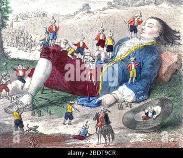 GULLIVERS REISEN von Jonathan Swift (1726) die Lilliputaner binden Gulliver. Stockfoto