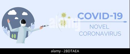 Novel Coronavirus Covid-19-Vektor-Bannervorlage mit Textraum. Fechter, der gegen Viruszellen mit medizinischer Spritze kämpft - flache Abbildung. Globales Pandemie-Bannerdesign. Stock Vektor