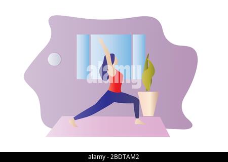 Mädchen, die zuhause in einem Wohnzimmer auf einer Yogamatte trainieren. Sportliches weibliches Modeltraining, Yoga zu Hause. Halten Sie sich während des Quarantänekonzepts ruhig Stock Vektor