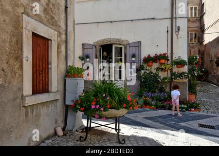 Ein Blumenladen in einer engen Straße in Pescocostanzo, einer Stadt in den Bergen Mittelitaliens Stockfoto