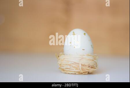 Weißes Ei im Nest auf einem leicht verschwommenen Hintergrund. Osterferien. Stockfoto