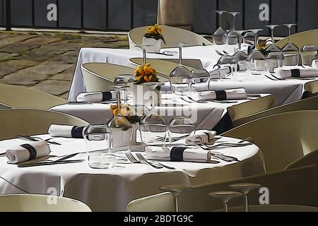 Tische für Straßencafés in Venedig bereit für Besucher. Bearbeitung im Stil der Zeichnung. Italien. Stockfoto