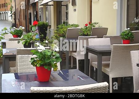 Tische für Straßencafés in Venedig bereit für Besucher. Bearbeitung im Stil der Zeichnung. Italien. Stockfoto