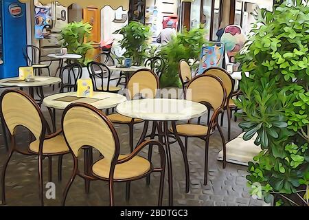 Tische für Straßencafés in Venedig bereit für Besucher. Bearbeitung im Stil der Zeichnung. Italien. Stockfoto