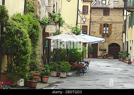 Tische für Straßencafés in Venedig bereit für Besucher. Bearbeitung im Stil der Zeichnung. Italien. Stockfoto
