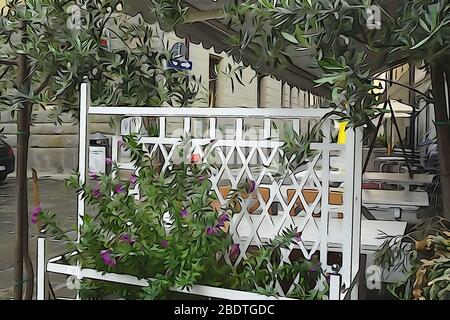 Tische für Straßencafés in Venedig bereit für Besucher. Bearbeitung im Stil der Zeichnung. Italien. Stockfoto