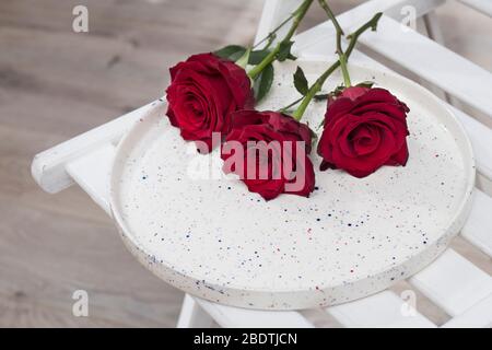 Drei rote Burgunder Rosen auf einem Tablett auf dem Stuhl. Kopierbereich Stockfoto