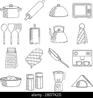 Küchengeräte (Set) - schwarz-weiße Illustration/ Zeichnung Stock Vektor