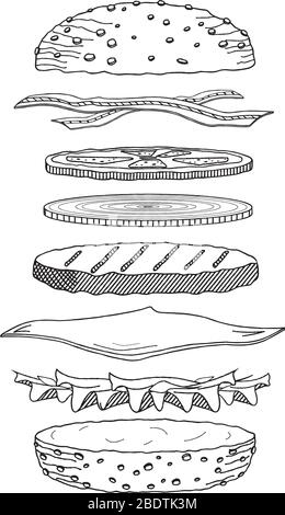 Hamburger/Cheeseburger - Schwarz-Weiß-Illustration/-Zeichnung Stock Vektor