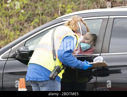 STONY BROOK, NEW YORK - 08. APRIL: Arbeiter am COVID-19, Coronavirus Testgelände an der Stony Brook University überprüfen die I.D.-Personen, die am 8. April 2020 in Stony Brook New York getestet werden. Leute: Coronavirus Testing Site Credit: Storms Media Group/Alamy Live News Stockfoto