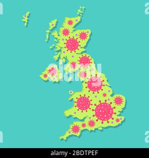 Karte von Großbritannien mit Virus. Coronavirus Epidemie in britischem Land. Konzeptionell. Stock Vektor