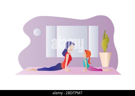 Mutter und Tochter trainieren zu Hause in einem Wohnzimmer auf einer Yogamatte. Sportliche weibliche Modelle, die zu Hause Yoga trainieren. Halten Sie sich während der Quarantäne ruhig Stock Vektor