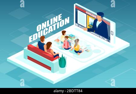 Vektor einer Familie zu Hause mit Kindern beobachten einen Lehrer online auf einem Smartphone-App erklärt ein neues Thema Klasse Stock Vektor