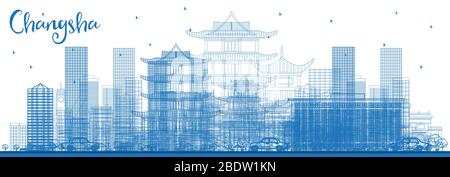 Skizzieren Sie die Skyline von Changsha China City mit blauen Gebäuden. Vektorgrafik. Business Travel und Tourismus Konzept mit moderner Architektur. Changsha. Stock Vektor