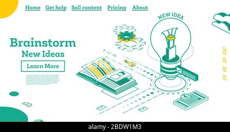 Brainstorming Isometric Outline Concept mit Lampe. Vektorgrafik. Brainstorming Landing Page. Innovation und Lösung. Stock Vektor