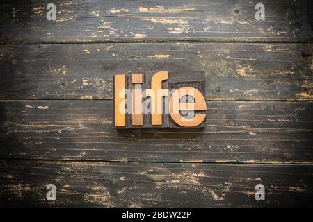 Das Wort 'LEBEN' in Vintage Holz Buchdruck-Typ auf einem rustikalen Hintergrund geschrieben. Stockfoto