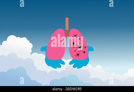 Blau 2 Hände, die die Virus-infizierten Lungen auf blauen Himmel und weiße Wolke halten.Vektor-Illustration. Stockfoto