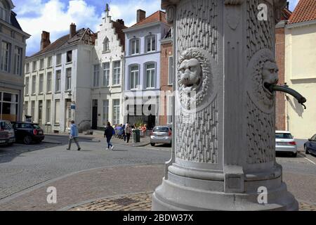 Ein traditioneller Trinkwasserbrunnen mit Steinbrüchen geschnitzten Löwenköpfen im historischen Zentrum von Brügge.Westflandern. Belgien Stockfoto