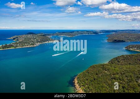 Luftaufnahme von Barrenjoey Head, Palm Beach und Pittwater, von West Head, Sydney, Australien Stockfoto