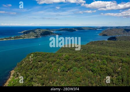 Luftaufnahme von Barrenjoey Head, Palm Beach und Pittwater, von West Head, Sydney, Australien Stockfoto