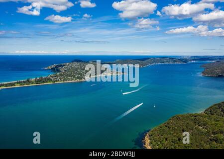 Luftaufnahme von Barrenjoey Head, Palm Beach und Pittwater, von West Head, Sydney, Australien Stockfoto