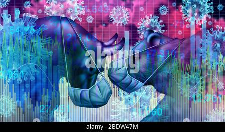 Coronavirus Rezession und Wirtschaftspandemie und Wirtschaft mit Krankheit als Angst und covid-19 Ängste oder Virus Ausbruch und Aktienmarkt. Stockfoto