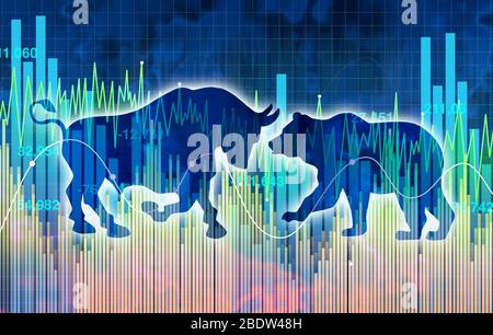 Finanzsymbol mit zwei Geschäftssymbolen, die die Basen- und Hausse-Märkte mit einem Aktiendiagramm und einem Ticker-Diagramm darstellen. Stockfoto