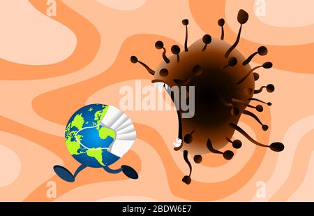 Earth Globe trägt Maske, die vor bösem Virus wegläuft. Konzept Stoppt das Corona-Virus. Covid-19 Virengefahr. Stock Vektor