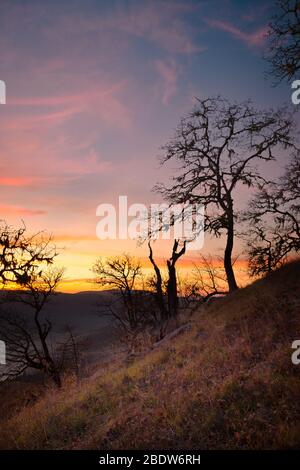 Farbbild eines wunderschönen Sonnenuntergangs mit Blick auf die bald Hills in Nordkalifornien. Stockfoto