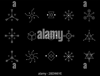 UFO oder spirituelle Geometrie weißes Symbol gesetzt. Kreis, Quadrat, Rauten Figuren. Design-Symbole für Puzzle, Logik, Metroidvania Spiele. Vektormaterial-Fehlbestand Stock Vektor